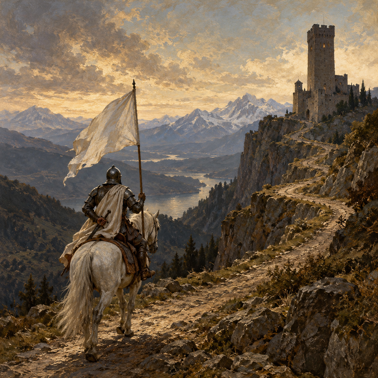 Oil painting of a lone knight riding a horse uphill toward a distant tower, carrying a white surrender flag and concealing a sword behind his back